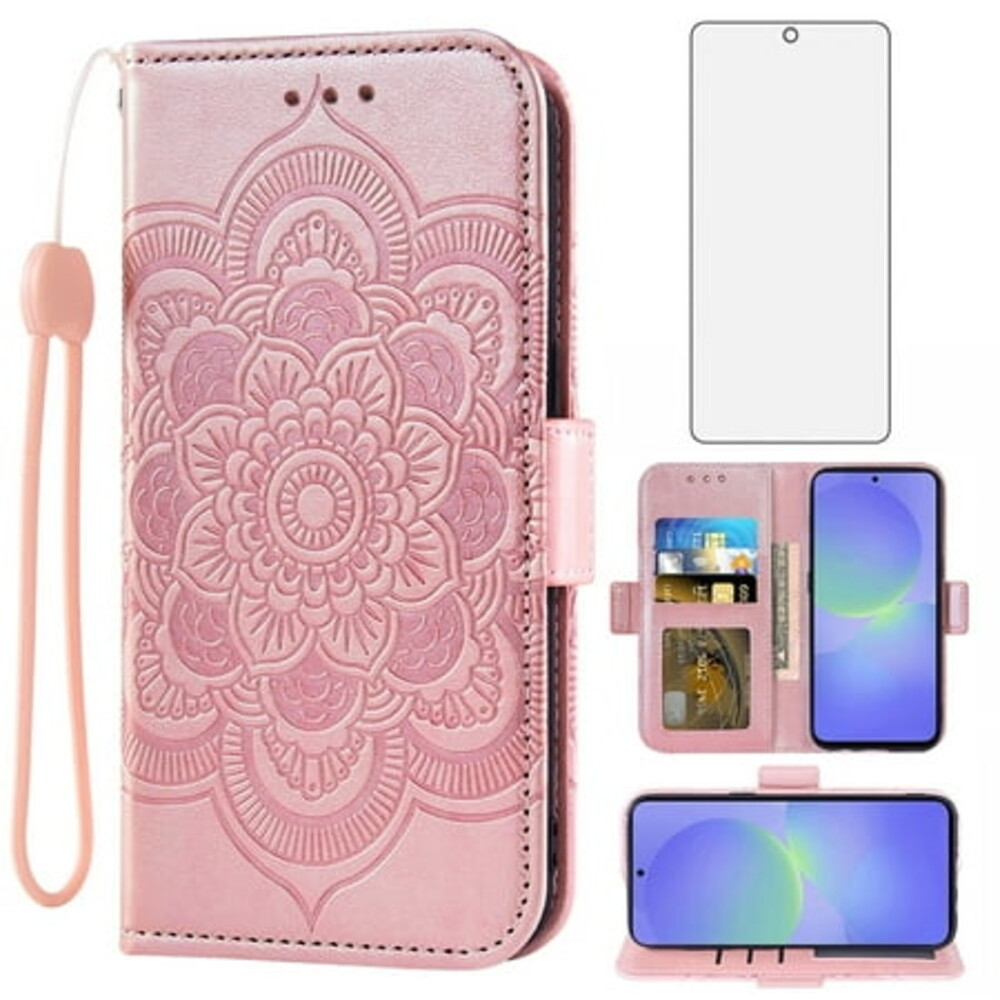 Asuwish Compatible with Samsung Galaxy A36 5G Wallet Phone Case and Tempered Glass Screen Protector Flip Credit Card Holder Stand Mandala Flower Cell Cover for A 36 36A LTE SM-A366U Women Pink