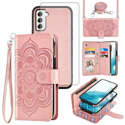 Asuwish Phone Case for Samsung Galaxy S22 5G Zipper Wallet Magnetic Detachable Cell Cover with Tempered Glass Screen Protector Crossbody Strap Flower Card Holder Slot S 22 22S 4G G5 6.1 inch Pink