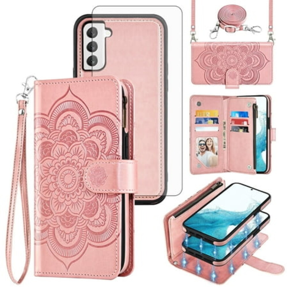 Asuwish Phone Case for Samsung Galaxy S22 5G Zipper Wallet Magnetic Detachable Cell Cover with Tempered Glass Screen Protector Crossbody Strap Flower Card Holder Slot S 22 22S 4G G5 6.1 inch Pink