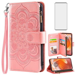Compatible with Motorola Edge 50 Ultra/Moto X50 Ultra Wallet Phone Case and Tempered Glass Screen Protector Flower Faux Leather Flip Credit Card Holder Stand Zipper Cell Cover for Edge50 Women Pink