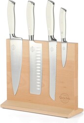 Sur La Table Kitchen Essentials 5 Piece German Steel Blade w/Triple Riveted Handle Set on Beechwood Magnetic Block - Linen White