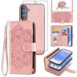 Asuwish Phone Case for Samsung Galaxy S25 5G Zipper Wallet Magnetic Detachable Cell Cover with Tempered Glass Screen Protector Crossbody Strap Flower Card Holder Slot S 25 25S G5 Women Girls Pink
