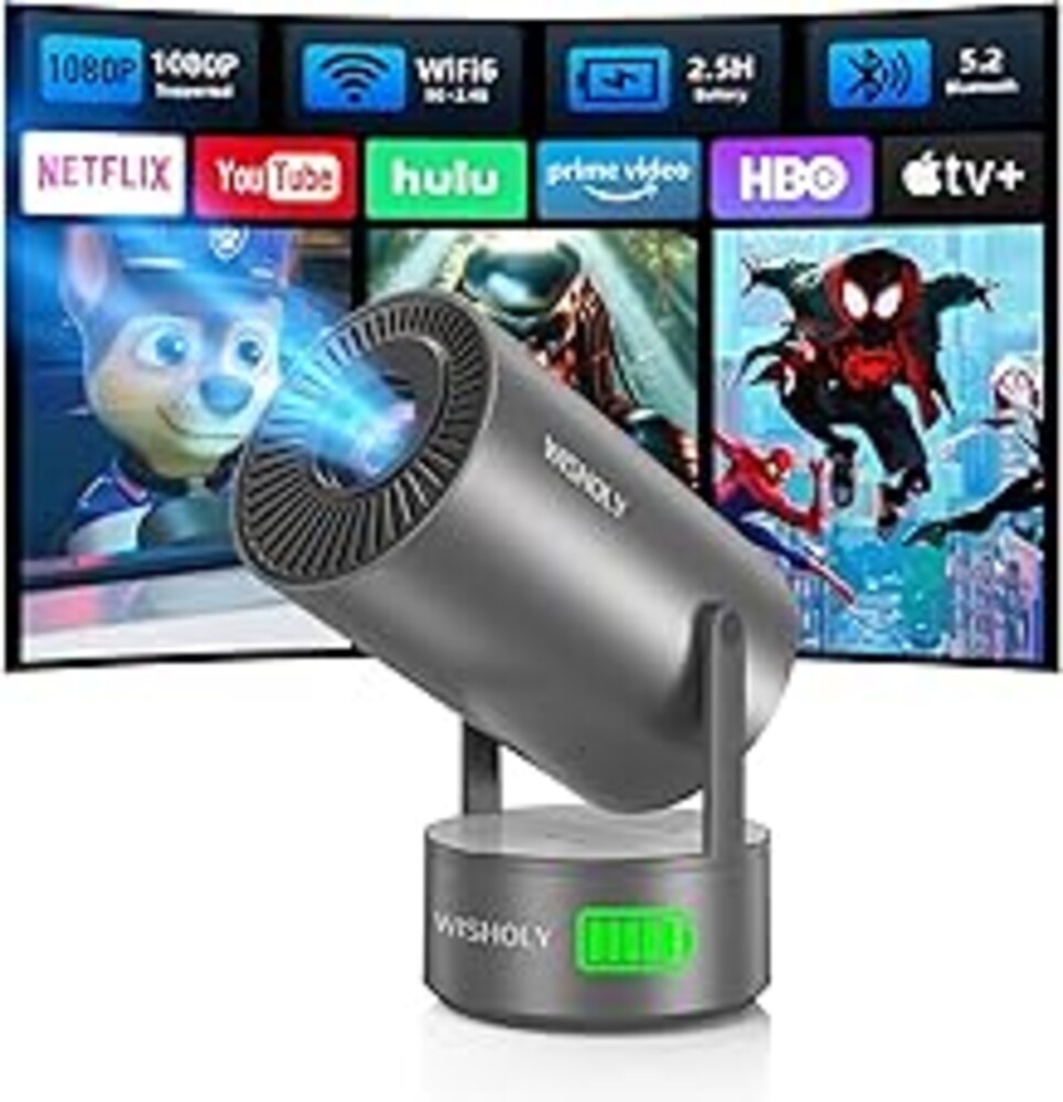 Portable Projector with Built-in Battery for Outdoor & Travel, Mini Projector with WiFi and Bluetooth, 1080P Supported, Electric Focus, Auto Keystone, 210° Rotatable Stand Home Theater( Iron Gray)