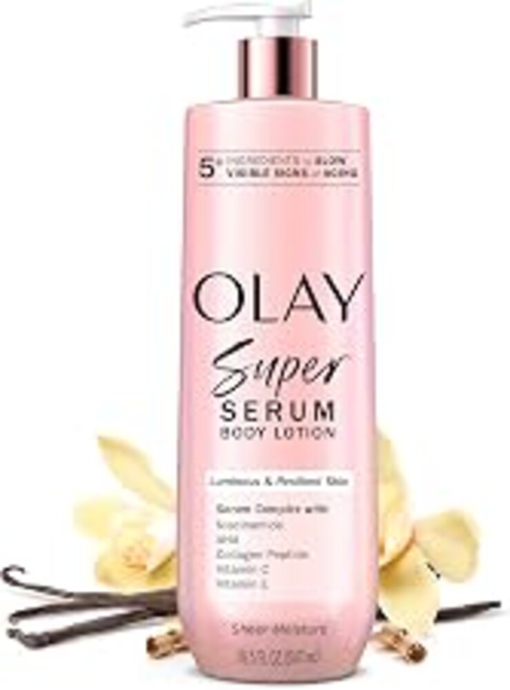 Olay Super Serum Hand & Body Lotion for Dry Skin, 24hr Long Lasting Hydration, 5+ Ingredient Complex for Bright Even Firm Luminous Skin, Sweet Vanilla & Soft Wood Scent, 18.5 fl oz
