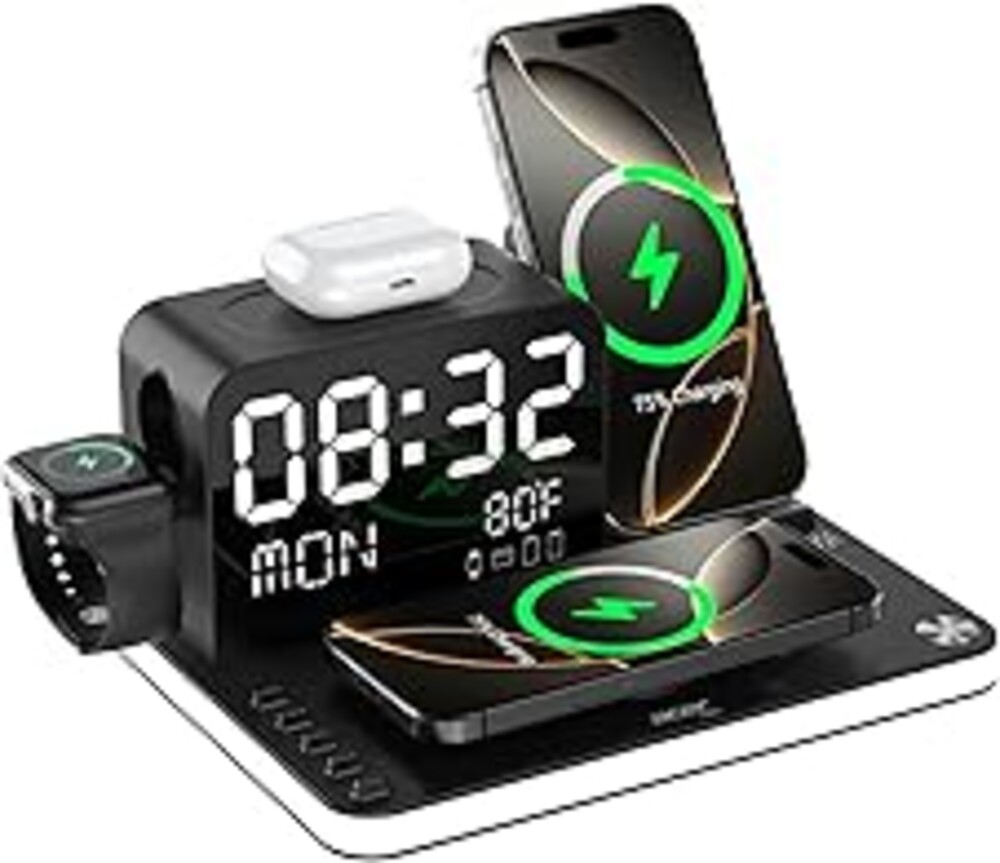 Acer Gadget 7-in-1 Wireless Charging Station Charger Stand for Multiple Devices for Apple - iPhone 17 16 15 14 13 12 Pro Max Apple Watch Airpods, Wireless iPhone Charger Station with Bluetooth TimeSyn