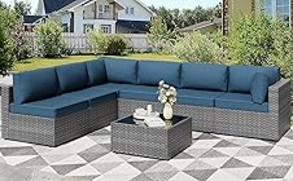 Shintenchi 7 Pieces Outdoor Patio Furniture Sets, Patio Sectional Sofa Couch, Gray PE Wicker Furniture Modular Patio Conversation Sets Patio Sofa with Washable Cushions, Aegean Blue