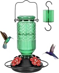 FEED GARDEN Glass Hummingbird Feeder, 16oz Outdoor Hanging Bird Feeder with Ant Moat, 4 Bee-Proof Feeding Ports, 360° Perch, Leak-Proof, Green