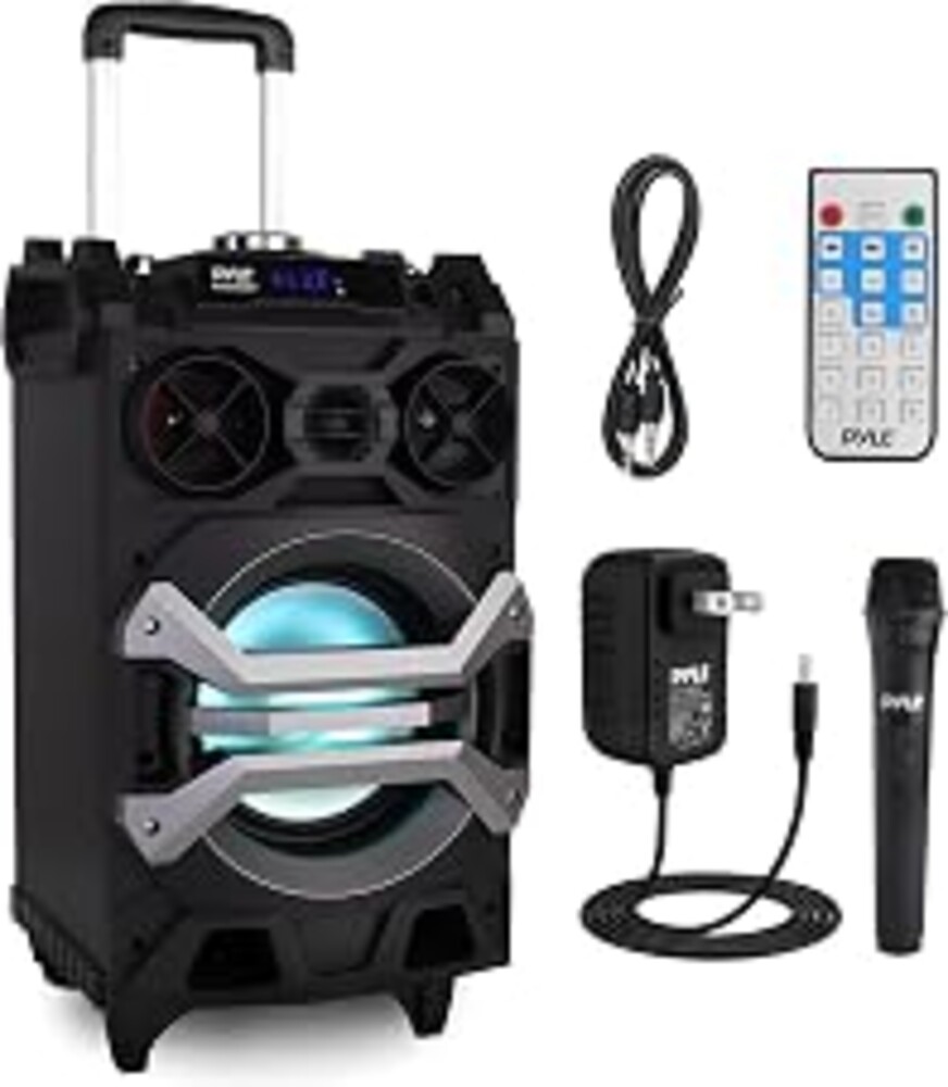 Pyle 500 Watt Portable BT Connectivity Karaoke Speaker System - PA Stereo with 8" Subwoofer, DJ Lights Rechargeable Battery Microphone, Recording Ability, MP3/USB/SD/FM Radio - PWMA325BT