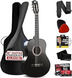 Pyle Classical Acoustic Guitar Kit, 3/4 Junior Size All Wood Instrument for Beginner Kids, Adults, 36" Glossy Black