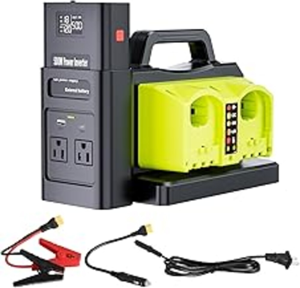 Pure Sine Wave Inverter Compatible with Ryobi 18V Battery, 2 in 1 500W 4 Ports Power Inverter Battery Charger Generator DC 20V to AC* 2 Outlets, 120V Car Charger Plug, USB&Type-C (Tool Only)