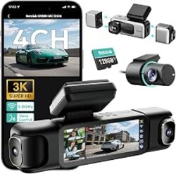 BOTSLAB 3K 4 Channel Dash Cam, 360° All-Around View, Front/Rear/Inside Car Cameras with 3.18" Touch Screen, Dash Camera 24/7 Parking Mode, Built-in GPS, 5.8GHz WiFi, Voice Control, 128GB Card Included