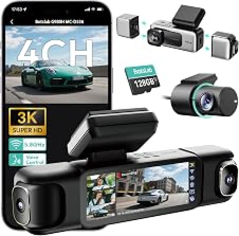 BOTSLAB 3K 4 Channel Dash Cam, 360° All-Around View, Front/Rear/Inside Car Cameras with 3.18" Touch Screen, Dash Camera 24/7 Parking Mode, Built-in GPS, 5.8GHz WiFi, Voice Control, 128GB Card Included