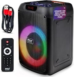 Pyle 100W Bluetooth Karaoke PA Speaker with 8 Inch Woofer, Echo Bass and Treble Control, USB SD Card FM Radio, Mic Input, LED Lights for Home Events and DJ Use
