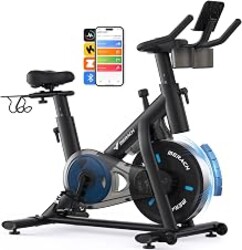 Merach Exercise Bike, Magnetic Friction Stationary Bike with Brake Pad and Exclusive App, Low Noise Indoor Cycling Bike with 300lbs Weight Capacity, Tablet Mount and Fitness Courses for Weight Loss