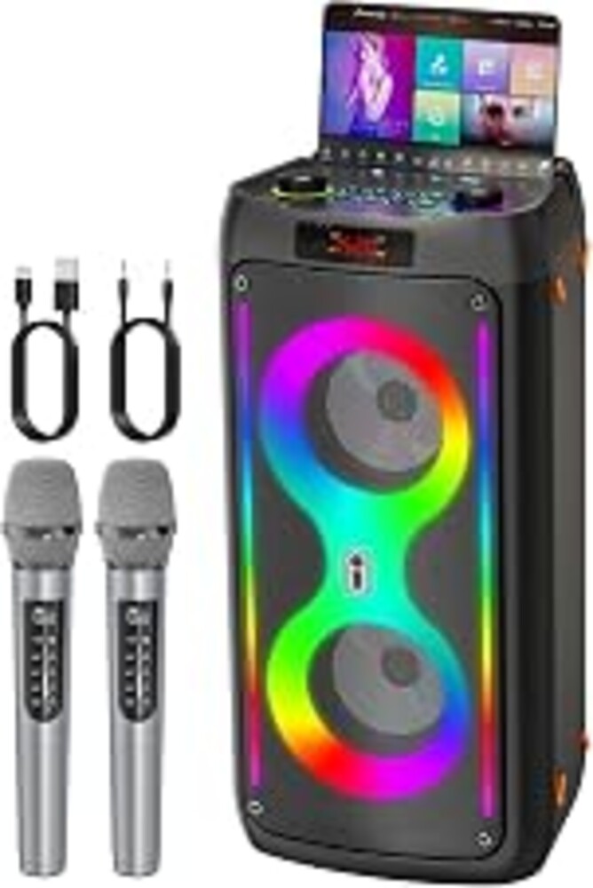 Karaoke Machine, Portable Outdoor Speaker with 2 Wireless Microphones, PA System with LED Lights for Camping, Beach, Party, Supports USB/TF/REC/AUX, 6000mAh Battery, Ideal Gifts for Adults