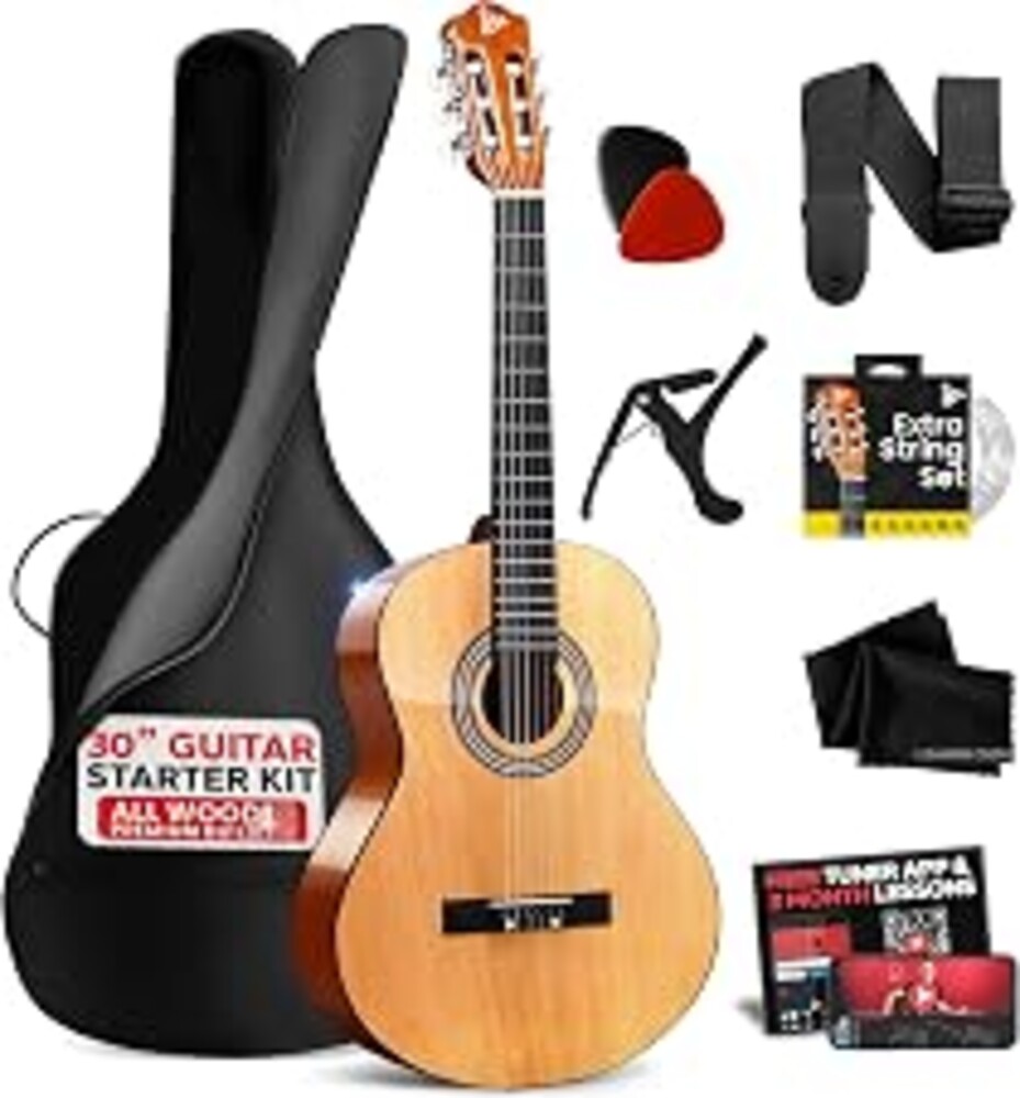 Pyle Beginner Acoustic Guitar Kit, 1/4 Junior Size All Wood Build Nylon Stringed Instrument with Capo, Strap, Extra String Set, Gig Bag, Guitars for Beginners Adults Youth, 30" Natural Gloss