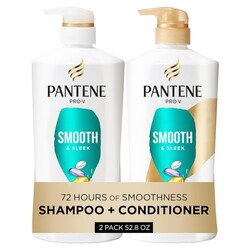 Pantene Shampoo & Conditioner Set, Smooth and Sleek - Frizz Control with Antioxidants, Nourishing for All Hair Types - Curly, Dry, Color-Treated, 52.8 Oz Total + Miracle Rescue Shot (0.5 Oz)