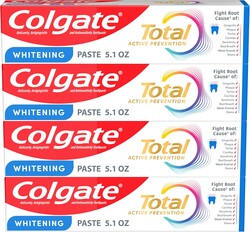 Colgate Total Whitening Toothpaste Paste, 5.1 oz, 4 Pack, Fluoride, Antibacterial, for Plaque, Gingivitis, Sensitivity, Stain Removal, Clinically Proven, Mint, Teeth Whitening, Stannous Fluoride
