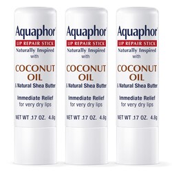 Aquaphor Naturally Inspired Lip Repair Stick with Coconut Oil and Natural Shea Butter, Hydrating Lip Balm Immediately Relieves Dryness and Soothes Chapped Lips, 0.17 Oz Stick, Pack of 3