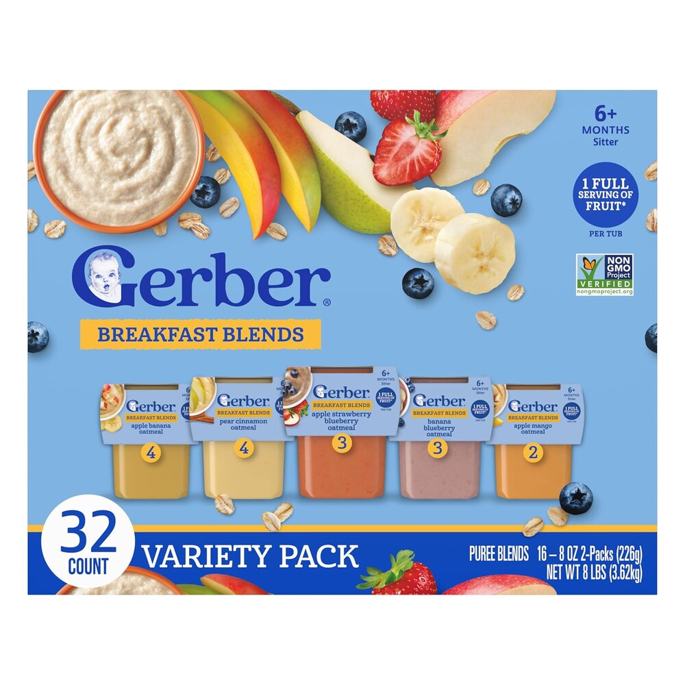Gerber Stage 2 Baby Food, Baby Fruit And Cereal Tubs Variety Pack, Iron Helps Support Brain Development, No Artificial Flavors, Baby Cereal, 32-Pack