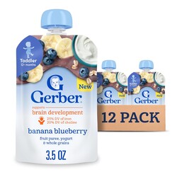 Gerber Toddler Food, Baby Food Pouches for Toddlers, Banana Blueberry, Fruit Puree, Yogurt & Whole Grains, Iron & Choline Helps Support Brain Development, No Artificial Flavors 3.5oz each (Pack of 12)
