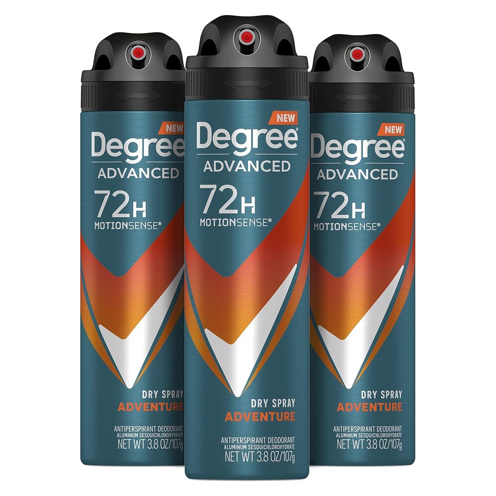 Degree Men Advanced Antiperspirant Deodorant Dry Spray Adventure 72-Hour Sweat and Odor Protection Deodorant For Men With MotionSense Technology, 3.8 Ounce (Pack of 3)