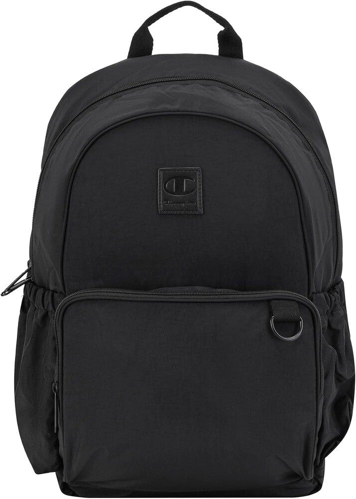 Champion Venice Laptop Backpack in Crinkle Nylon with Padded Adjustable Straps, Water Bottle Pocket for Work, Travel, Commute, Black/Silver, One Size