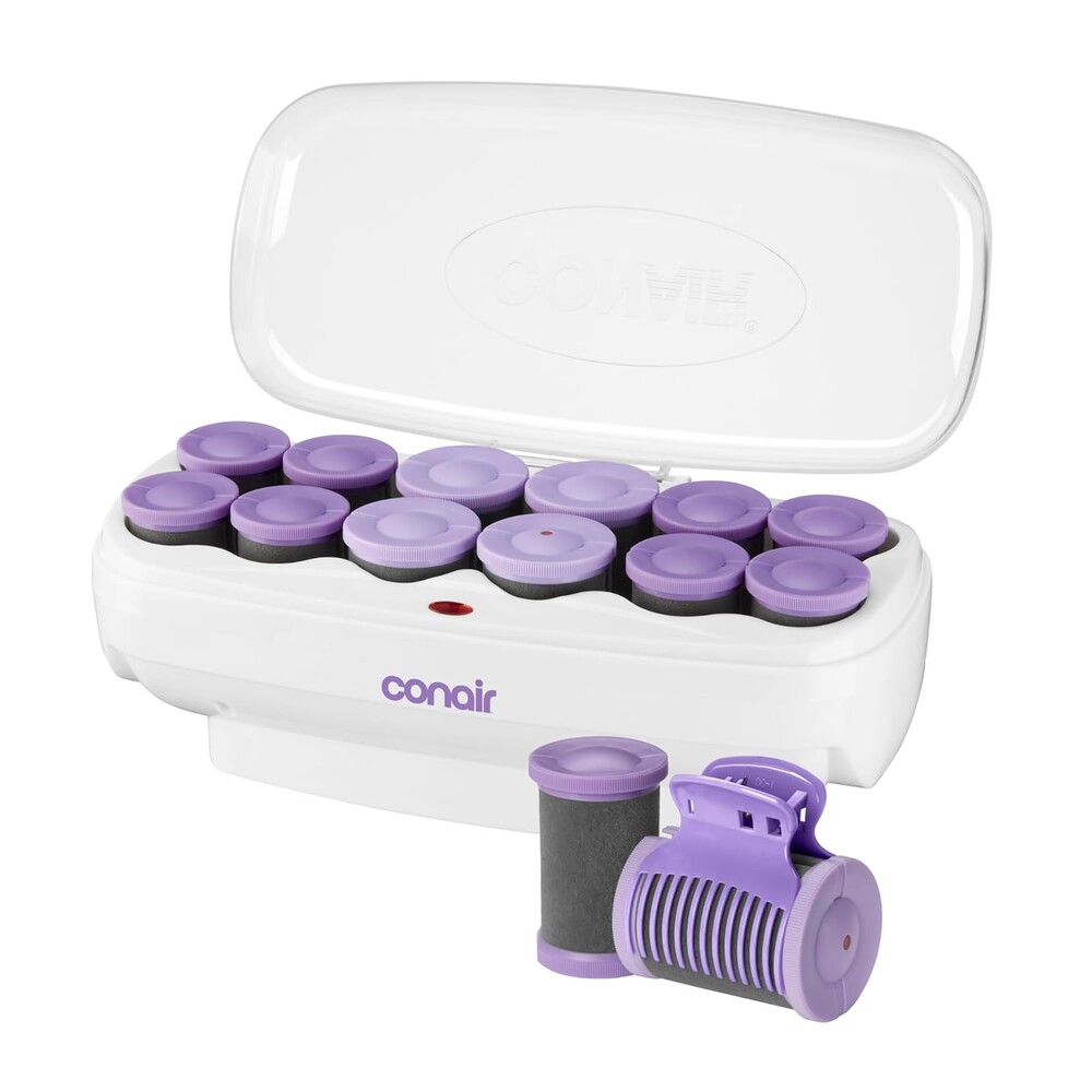Conair Ceramic Flocked Jumbo and Super-Jumbo Hot Rollers Set | Ceramic flocked hair setter for salon volume and soft curls, 1 ¾ in. & 1 ½ in. sizes, Lavender, 12-count, Model CHV14JXRSAMR7
