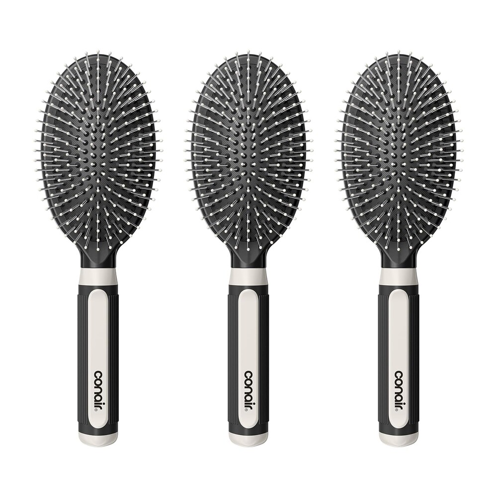 Conair Salon Results 3-Pack Hair Brushes, Detangling Hair Brush for Men and Women, For All Hair Types, Metal Bristles and Cushion Base, Black
