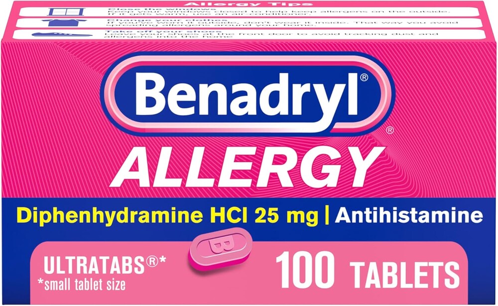 Benadryl Allergy Medicine for Adults and Children 6 Years and Older, Ultratablets, 25 mg Diphenhydramine HCl for Indoor and Outdoor Allergies, Antihistamine Tablets, 100 Count Size