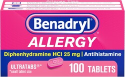 Benadryl Allergy Medicine for Adults and Children 6 Years and Older, Ultratablets, 25 mg Diphenhydramine HCl for Indoor and Outdoor Allergies, Antihistamine Tablets, 100 Count Size
