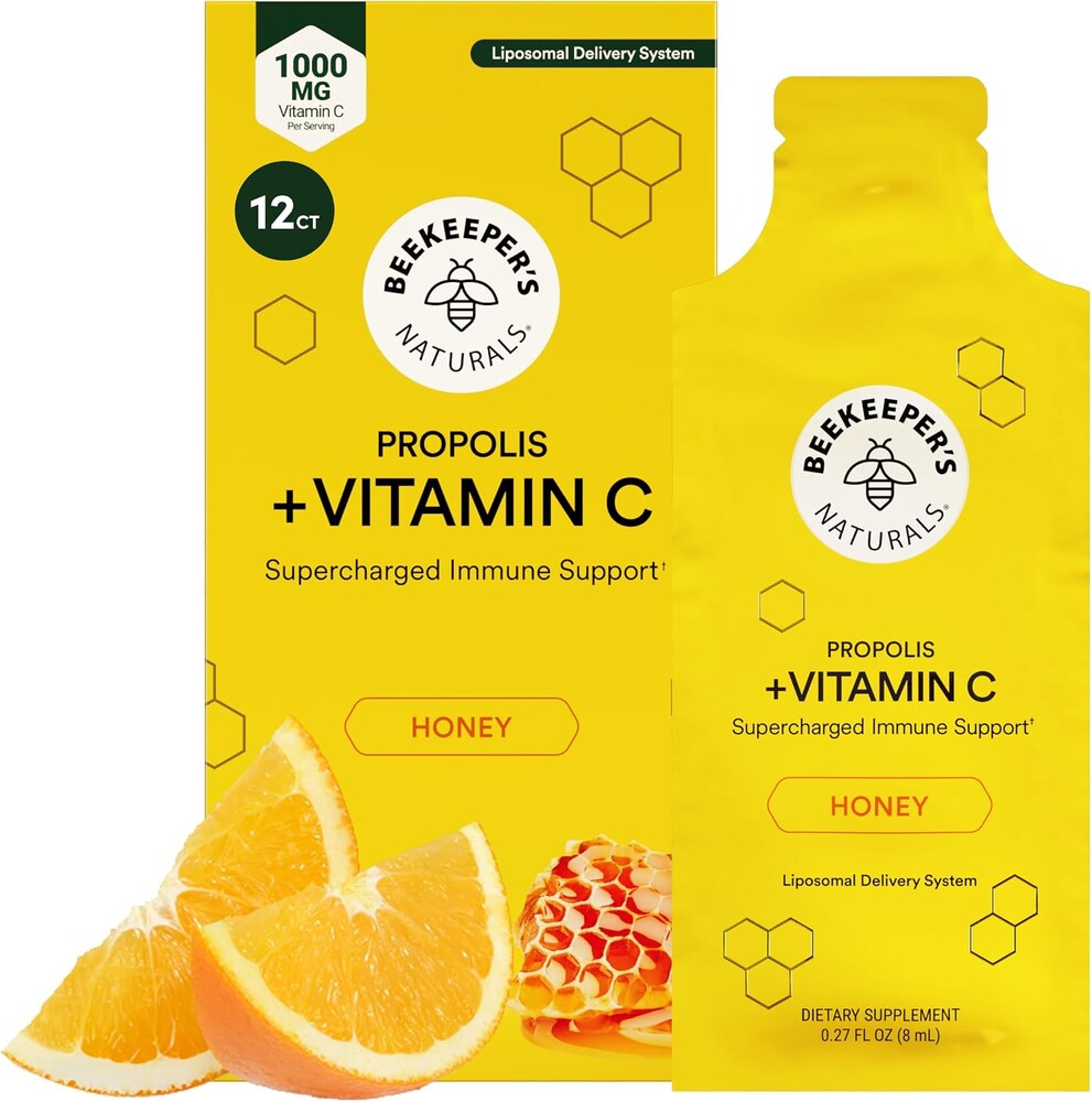 Propolis Liposomal Vitamin C by Beekeeper's Naturals, 1000mg Vitamin C, Propolis & Honey, Supercharged Immune Support & Increased Bioavailibity for Max Absorption, 12 Ct