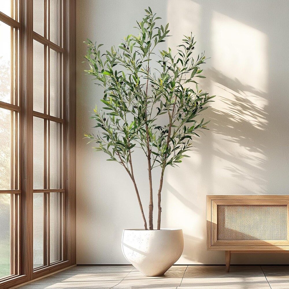 Erimda 6FT Artificial Olive Tree Tall Faux Silk Plant Tall Faux Olive Tree with Natural Wood Trunk & Lifelike Fruits Fake Potted Tree or Home Office Decor