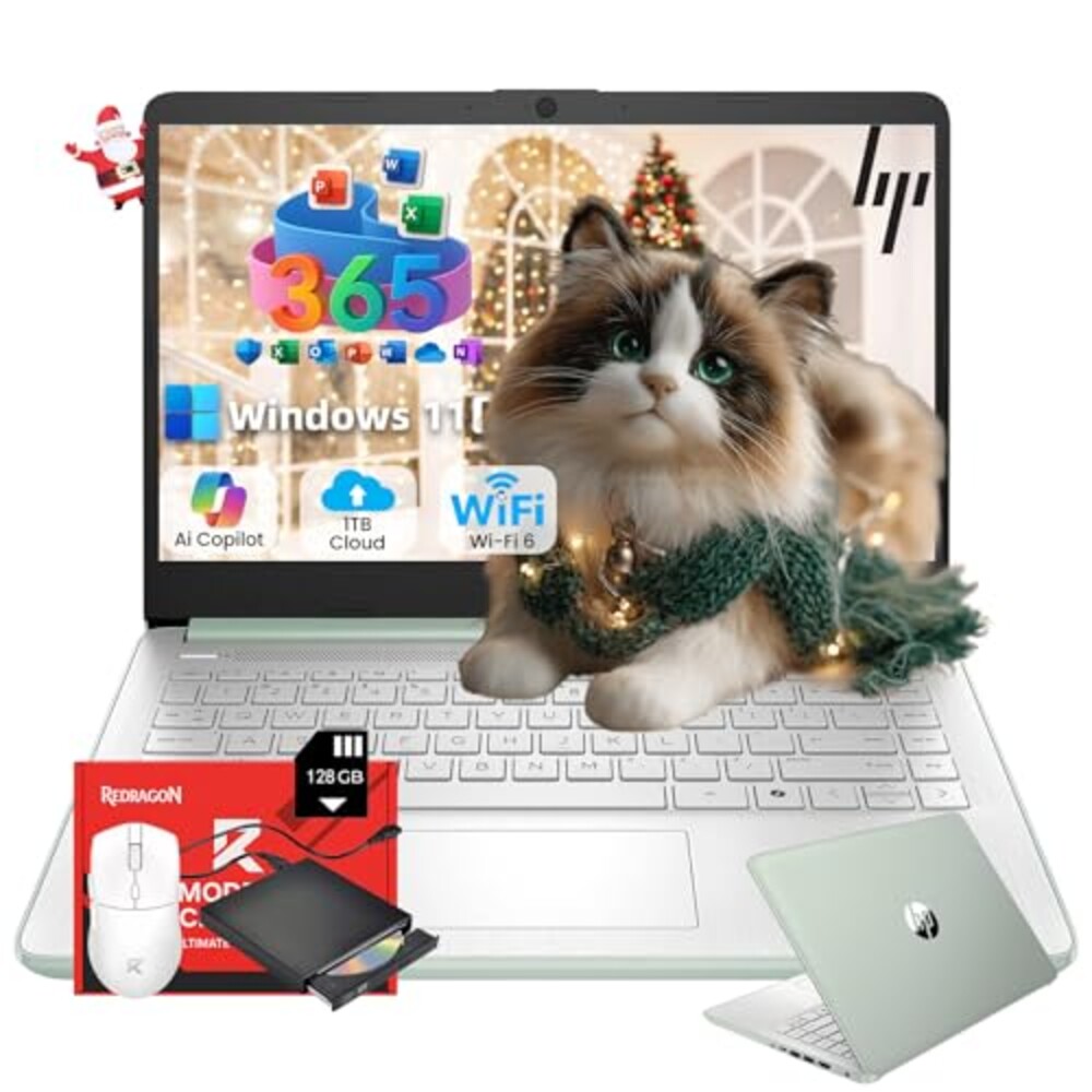 HP 14" Laptop 2025 Business Student Slim Computer, 1-Y Office 365, Copilot AI, Quad-Core Intel CPU, 16 GB RAM, 128GB UFS & 128GB SD Card, Wi-Fi 6, Windows 11 Pro, JQ2XzAccessory, Green