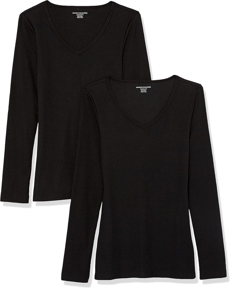 Amazon Essentials Women's Slim-Fit Long Sleeve V-Neck Knit Rib Shirts, Pack of 2