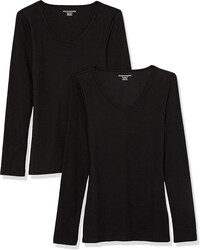 Amazon Essentials Women's Slim-Fit Long Sleeve V-Neck Knit Rib Shirts, Pack of 2