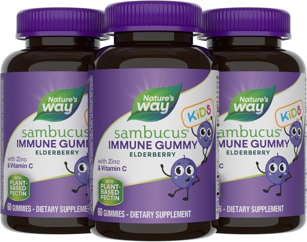 Nature's Way Sambucus Kids Elderberry Immune Gummies with Black Elderberry Extract, Daily Immune Support Gummy with Vitamin C and Zinc for Children Ages 2+*, 60 Gummies (Set of 3)