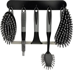 Scrub Brush Set of 6 pcs - Cleaning Shower Scrubbers with Squeegee for Shower Glass and Adhesive Wall Hooks Including Grout Cleaner Brush, Scrub Brushes for Cleaning Bathroom, Shower, Tile, Bathtub
