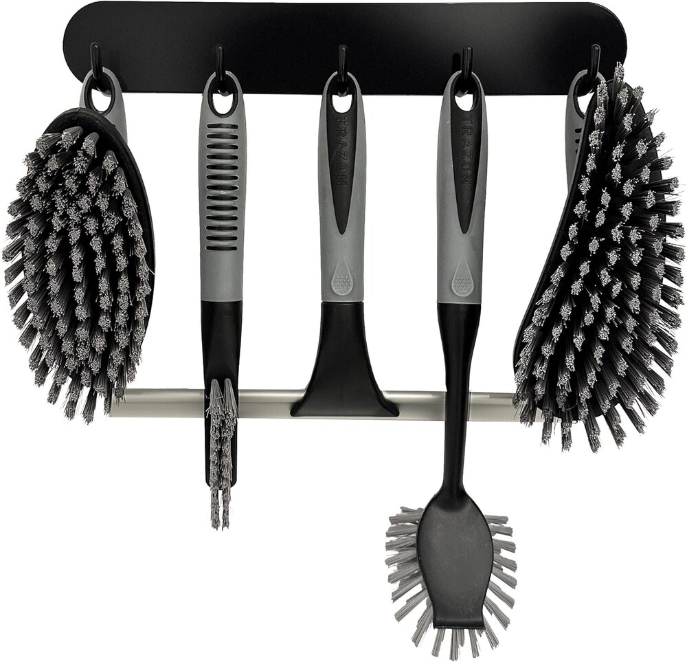 Scrub Brush Set of 6 pcs - Cleaning Shower Scrubbers with Squeegee for Shower Glass and Adhesive Wall Hooks Including Grout Cleaner Brush, Scrub Brushes for Cleaning Bathroom, Shower, Tile, Bathtub