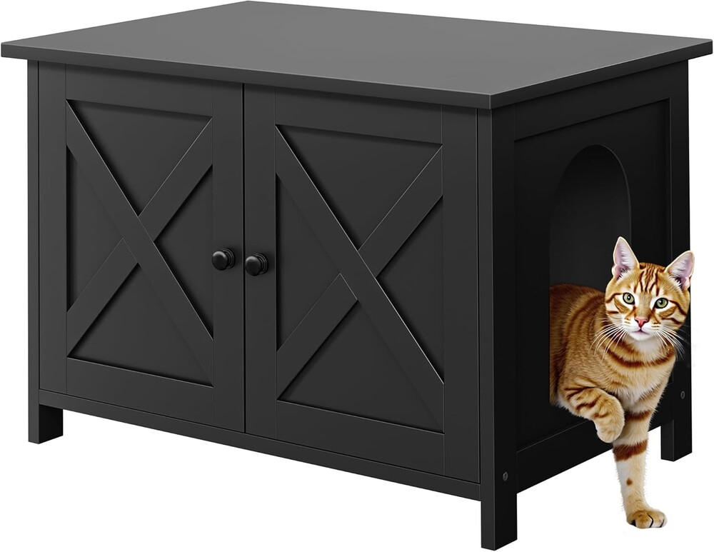 Shintenchi Cat Litter Box Enclosure, Litter Box Furniture Cabinet Hidden with Removable Divider, Wooden Cat House with End Table, Black, 31.5 inch