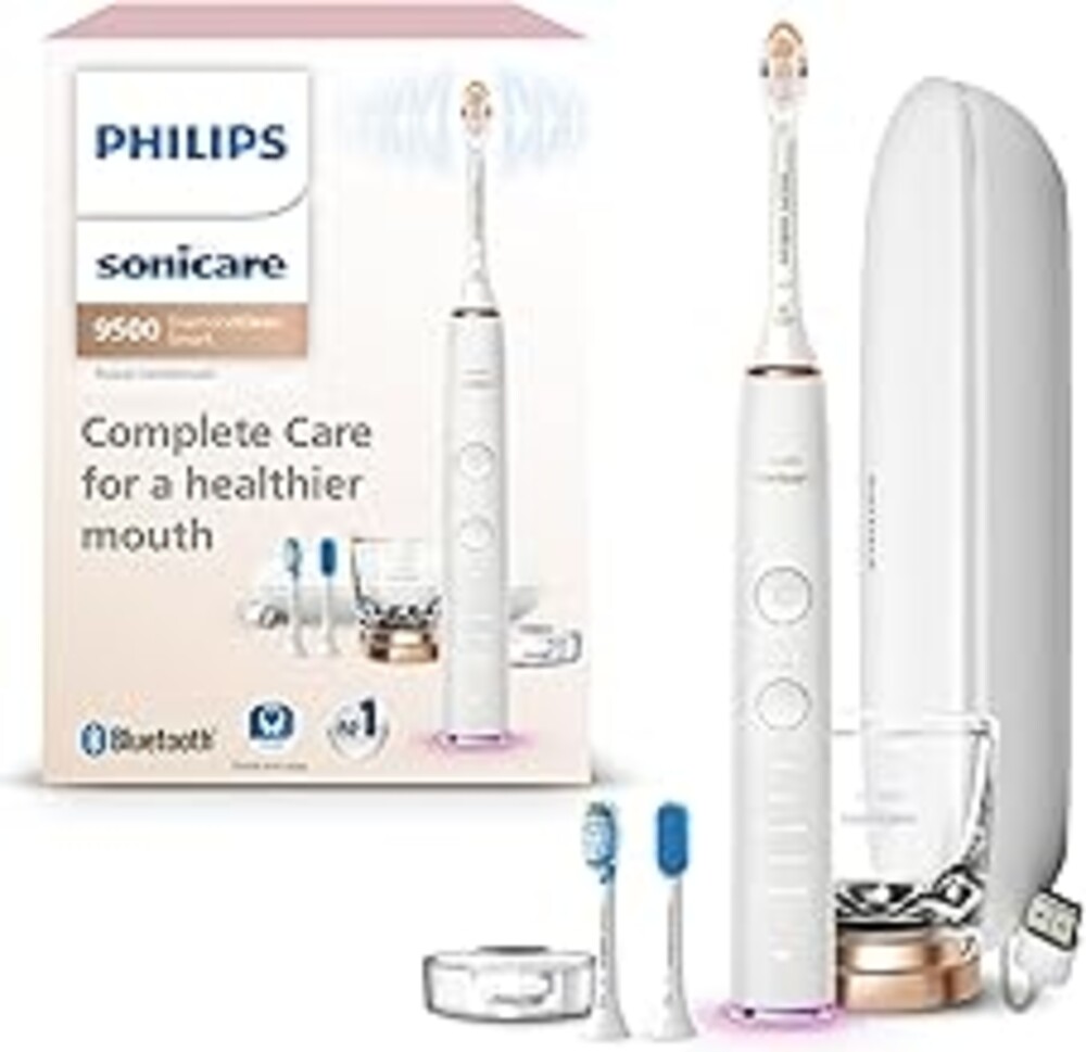 Philips Sonicare DiamondClean Smart 9500 Electric Toothbrush - Sonic Toothbrush with App, Pressure Sensor, 15 Brushing Settings, Replacement Reminder, USB Charging Travel Case, Rose Gold, HX9923/61