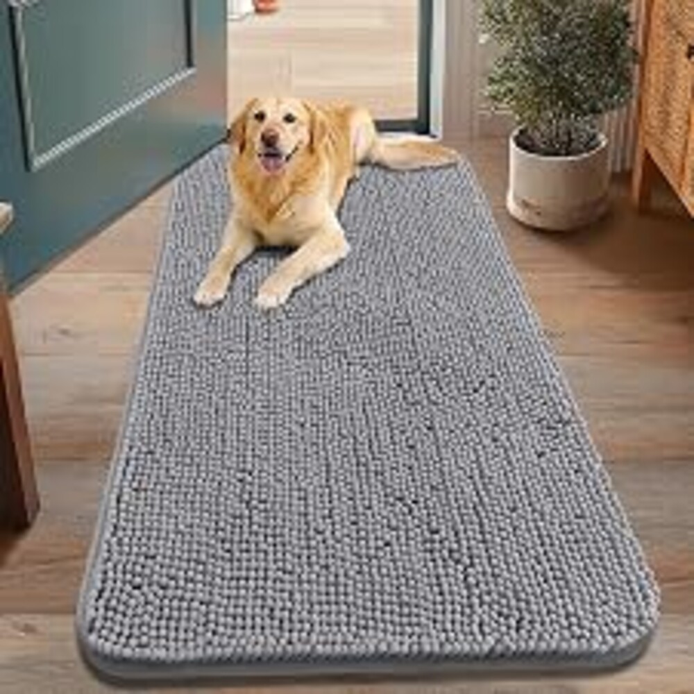 Smiry Dog Door Mat for Muddy Paws 48x30, Absorbent Dirt Trapper, Non-Slip Washable Chenille Entryway Rug for Inside Floor, Grey, Classic Solid