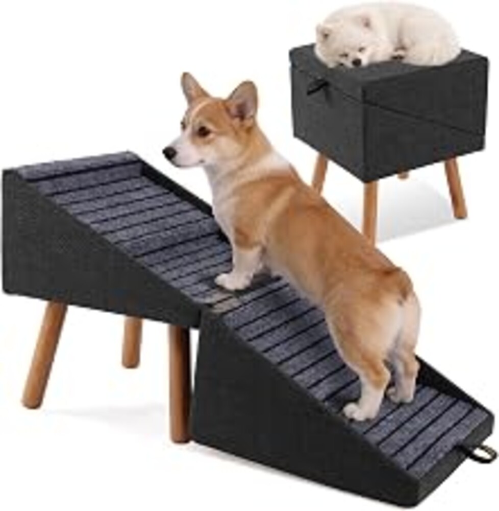 Dog Stairs for Small Dogs 17" H 2-in-1 Foldable | Wooden dog stairs for couch 2-in-1 ottoman steps Non-slip walking surface for puppy senior injured dogs Compact space-saving