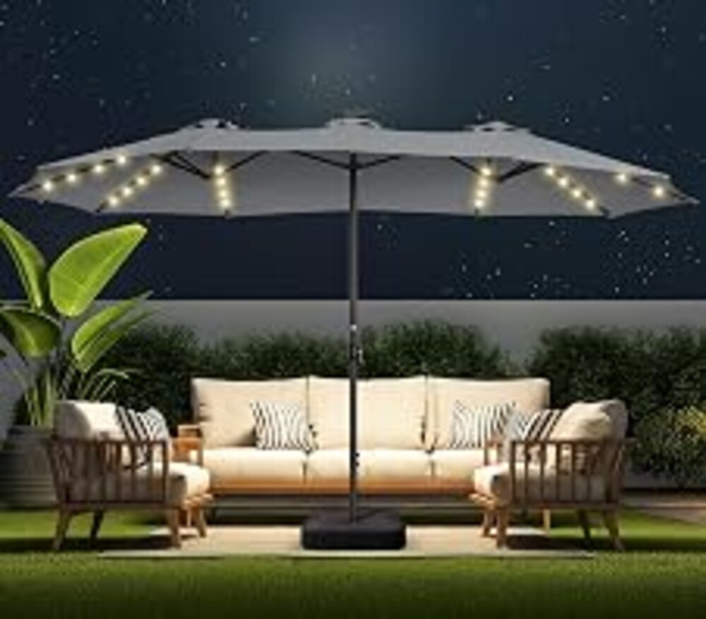 HOMSHADE Double Sided Patio Umbrellas - 15ft Solar Lights LED Lighted Outdoor Extra Large Market Table Umbrella with Base Included, Oversized Umbrella for Deck, Pool, Backyard