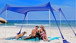 SUN NINJA Beach Tent Sun Shelter UPF50+ - Easy Pop Up Beach Canopy - Outdoor Shade for Camping Trips, Fishing, Backyard Fun Picnics - Sand Shovel, Ground Pegs & Stability Poles