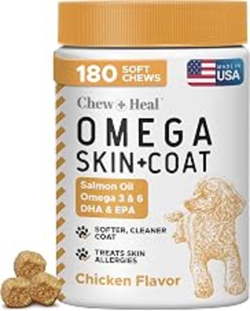 Omega 3 Fish Oil for Dogs - 180 Soft Chews - Itch Relief, Shedding & Hot Spots - Dog Allergy Relief - Salmon Oil Skin & Coat Supplement - EPA DHA - Chicken Flavor - Made in USA | Chew + Heal