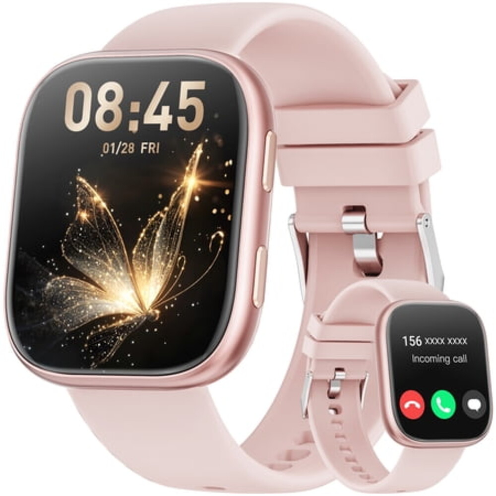 Smart Watch Fits for Android & iPhone, 1.85 inch Fitness Tracker, Men Womens Smartwatch with Make/Answer Calls/Message Reminder/100+ Sports Models, IP68 Waterproof Pedometer Watch, Perfect Gift, Pink