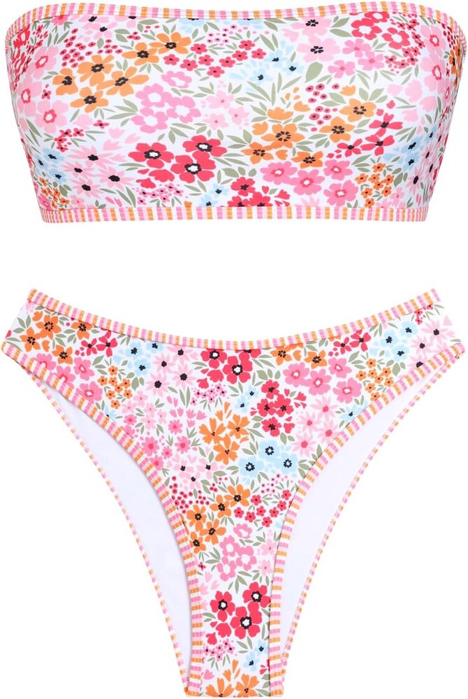 ZAFUL Women's High Cut Bandeau Bikini Set Strapless Solid Color 2 Pieces Bathing Suit Swimsuit