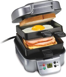 Hamilton Beach Sandwich Stacker Customizable Hot Sandwich Maker, 24 Sq. In. Non-Stick PFAS-Free Cooking Surfaces, Built-In Timer, Compact, Dishwasher-Safe, Silver (25471)