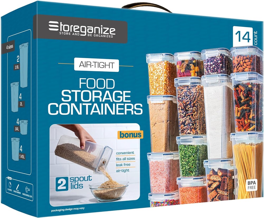 14 PCS Airtight Food Storage Containers with Lids set, BPA Free Leak-proof Kitchen and Pantry Organization Canisters for Cereal, Pasta, Dry Food, Flour Sugar, Stackable, Free Label, Marker, Scoop